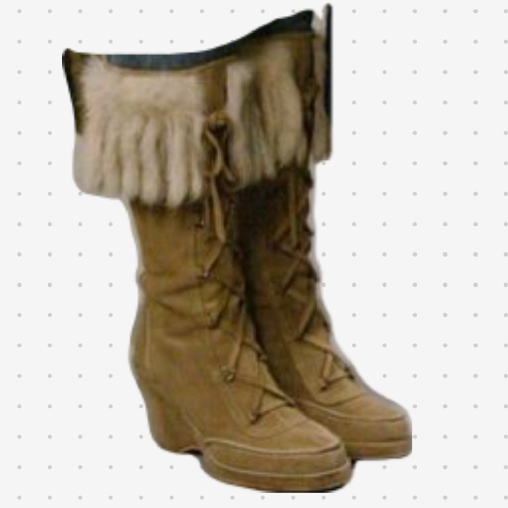 ISO tan fur fringe lace up wedges